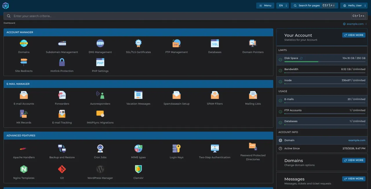 The DirectAdmin control panel included with every web hosting plan
