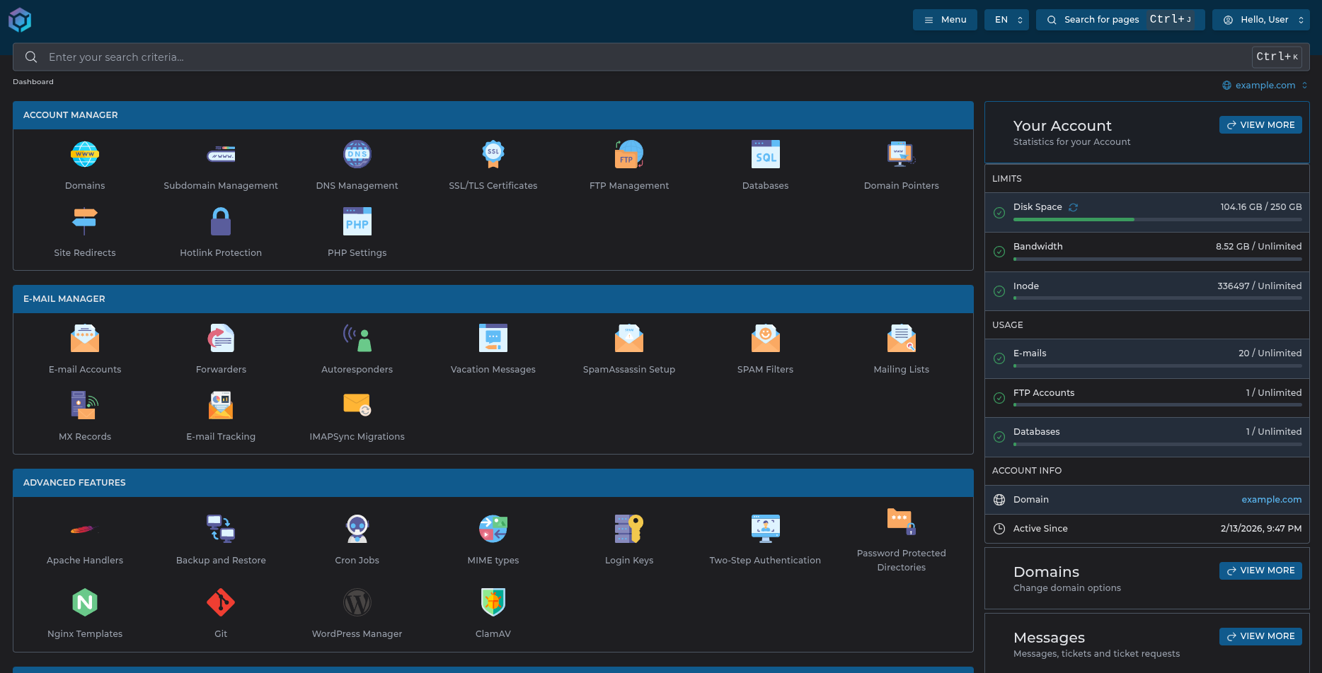 Full DirectAdmin dashboard showing domain, email, database and backup management